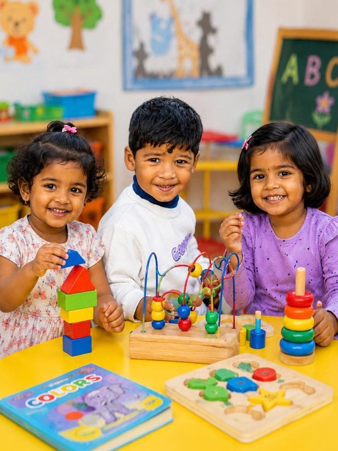 Three nursery-age children smiling at a yellow table, with a wooden bead maze, a shape puzzle and coloured building blocks in front of them.