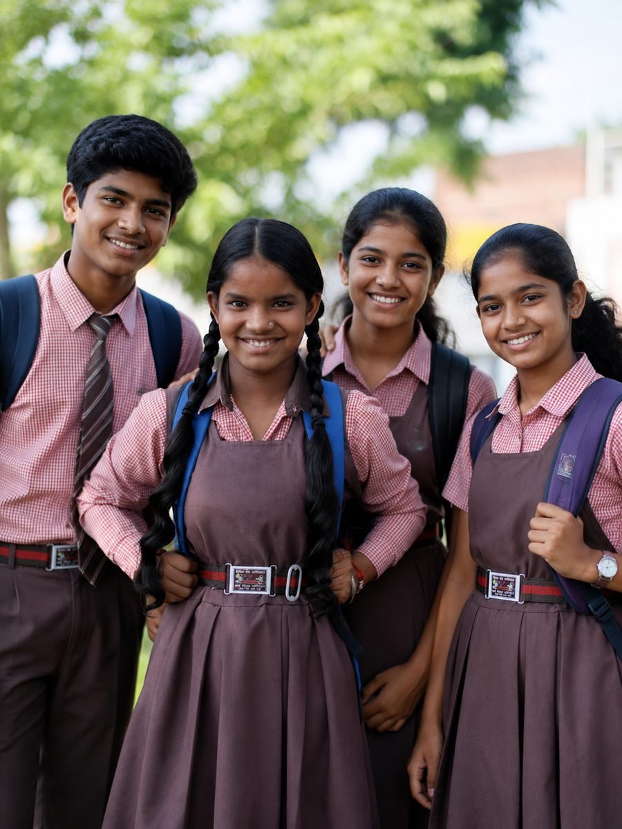 Four school students in uniform standing together outside, school bags on their shoulders.
