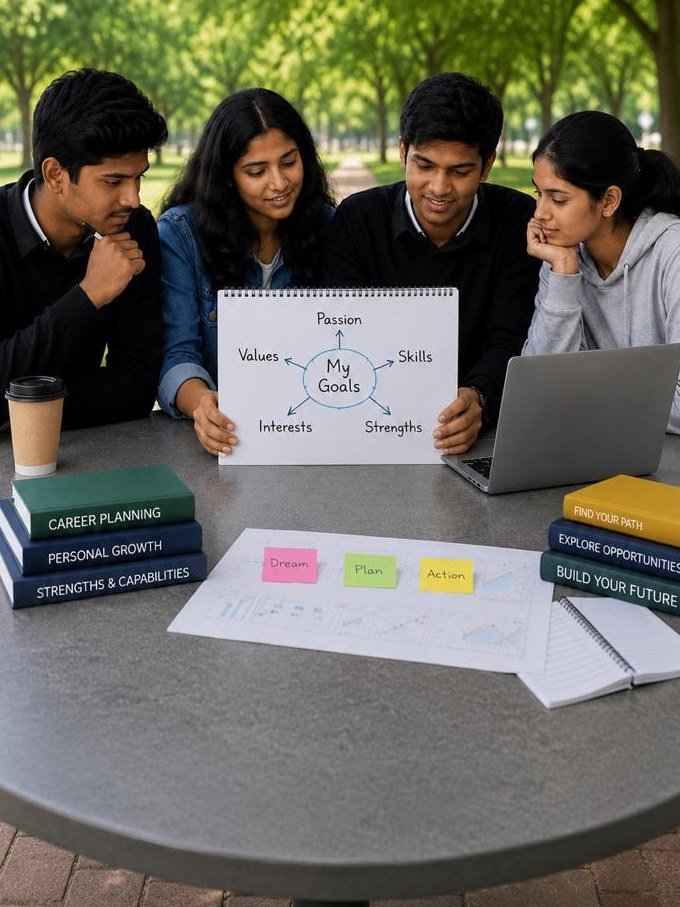 Four young adults around an outdoor table, two of them holding up a notepad with a mind map headed My Goals branching out to passion, skills, strengths, interests and values.
