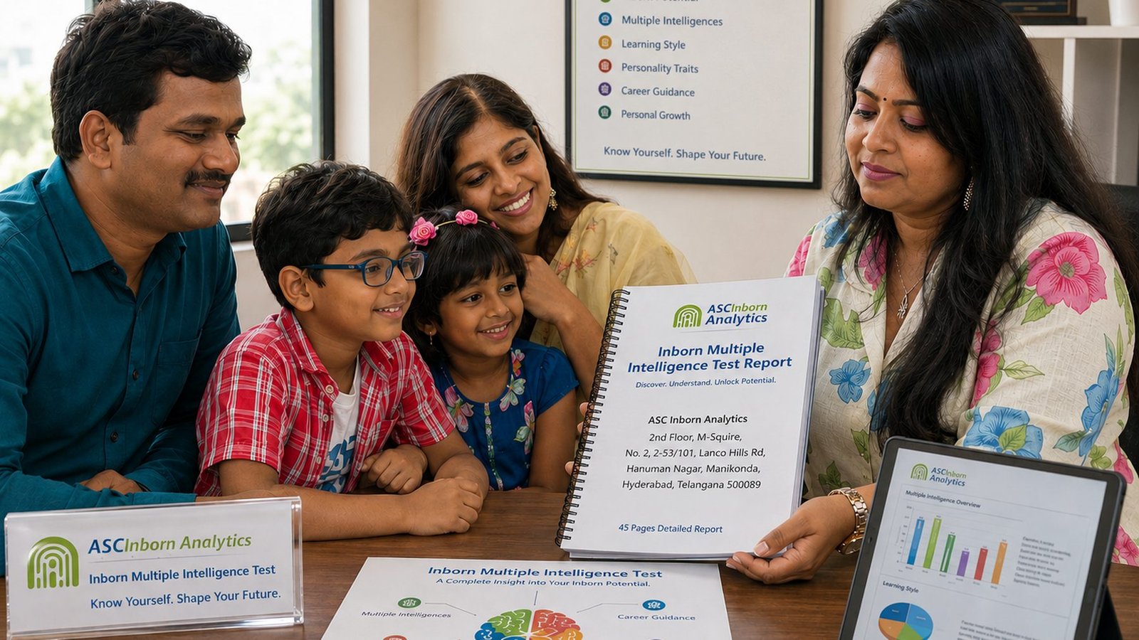 A counsellor holding open a spiral-bound IMIT report across a table for two parents and their two children, who are leaning in to look at it.
