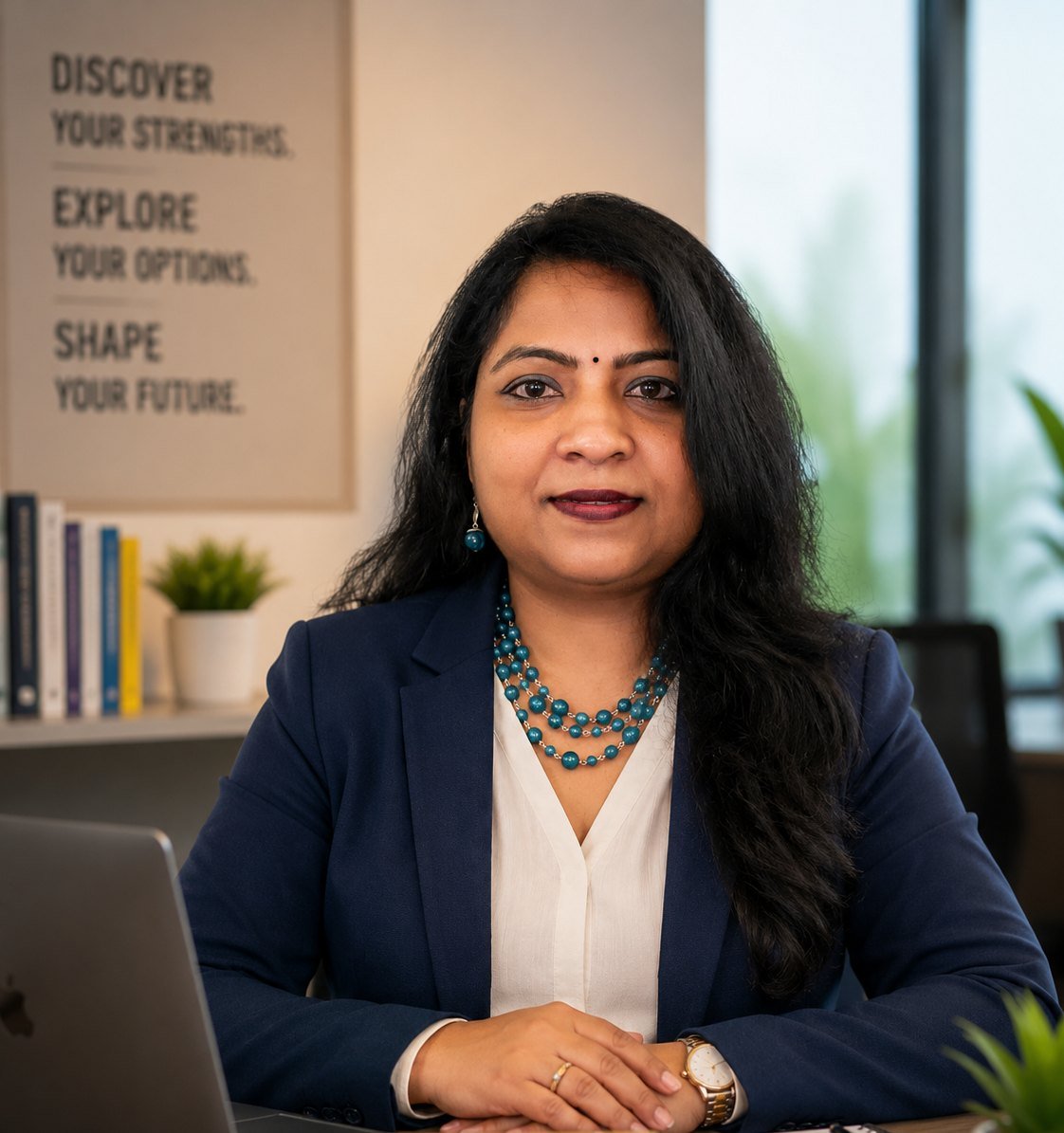 Chethani Goru, Certified Career Counsellor at ASC Inborn Analytics, seated at her desk in front of a poster reading discover your strengths, explore your options, shape your future.