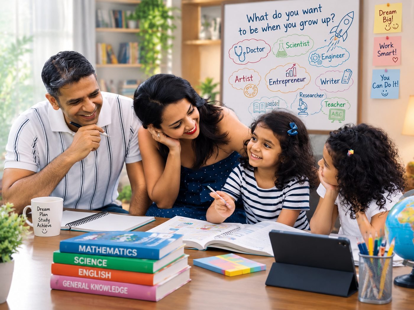 Two parents and their two young daughters at a table of schoolbooks and notepads, in front of a board asking what do you want to be when you grow up, with a dozen jobs sketched around it.