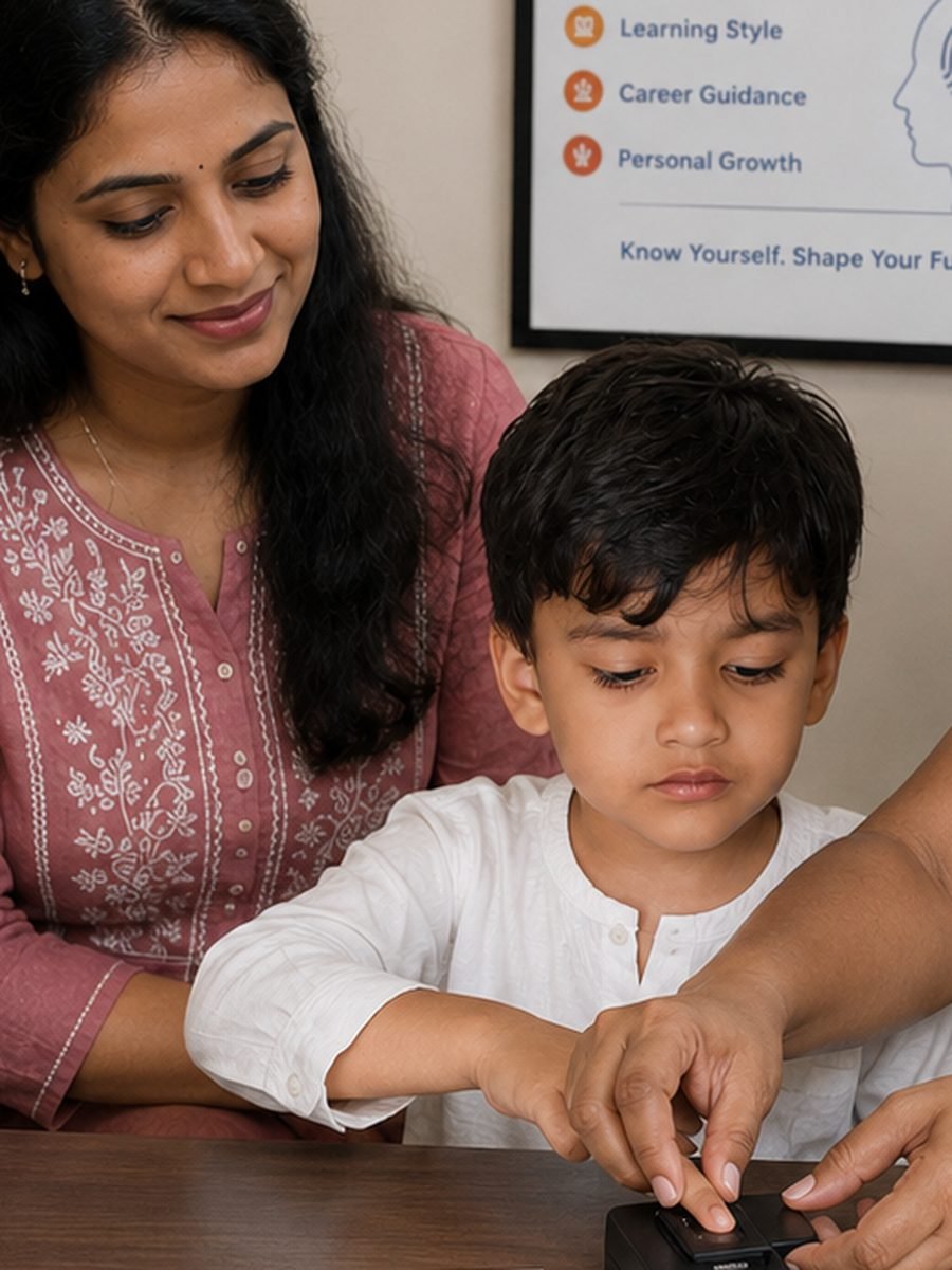 A young boy resting his fingertips on a fingerprint scanner on a desk, guided by an adult hand, with his mother sitting beside him and watching.
